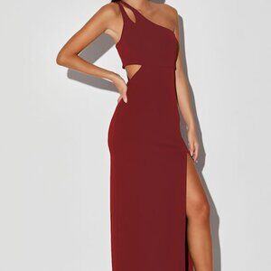 Lulus Simply Beautiful Burgundy One-shoulder Cutout Maxi Dress Red